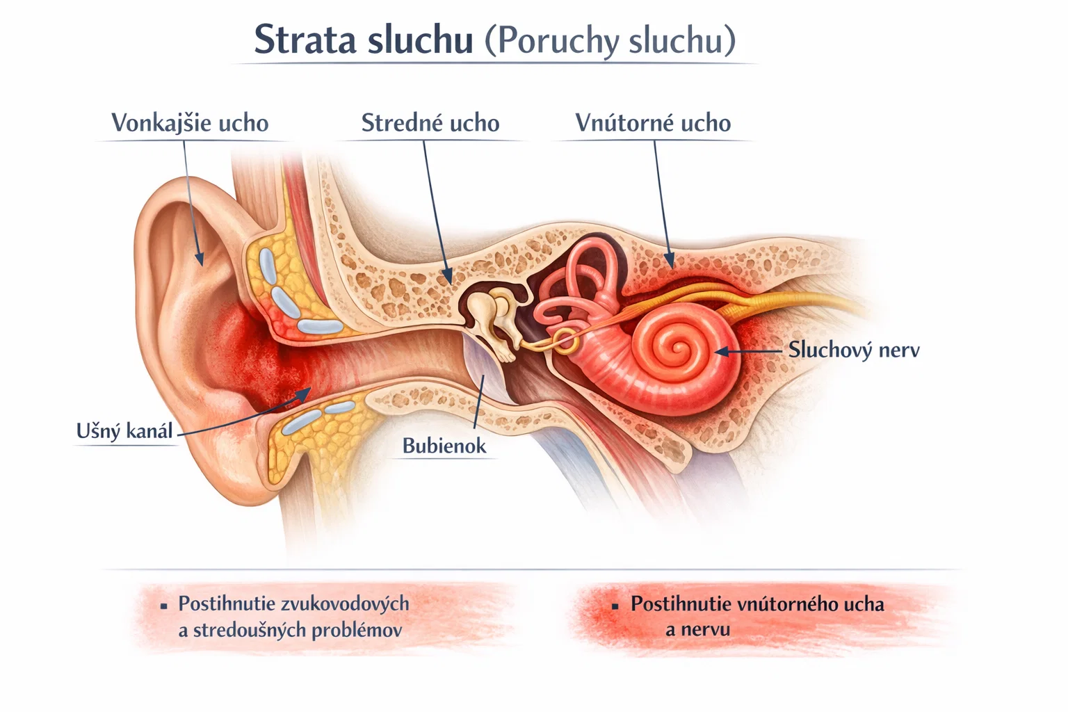 Medical illustration showing the anatomy of human ear with labeled parts including outer ear, middle ear, inner ear, cochlea, and auditory nerve highlighting areas affected by hearing loss