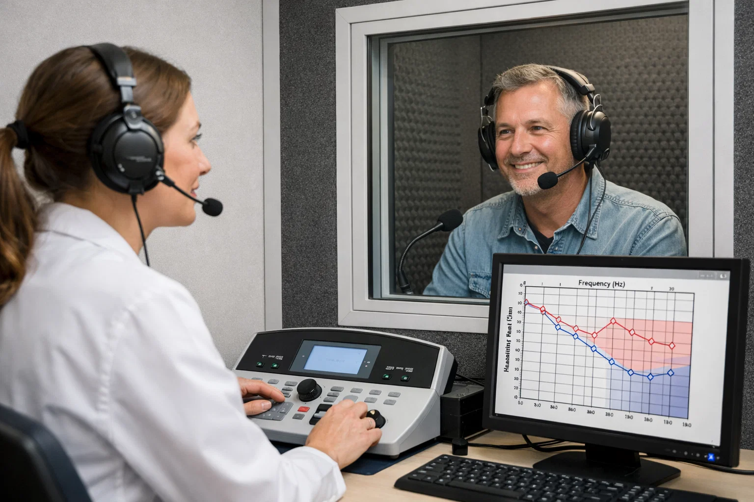 Professional audiologist conducting hearing test on patient in modern soundproof booth with audiometry equipment and computer display showing hearing threshold graph